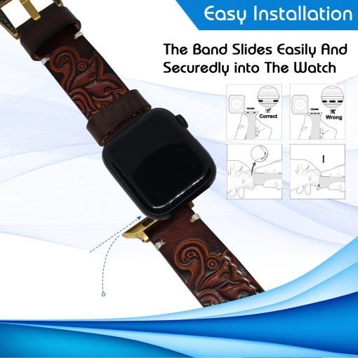 Vintage Handmade Leather Tooled Apple Watch Band For Apple Watch Series 1-5 42/44mm W/Brass Adapter
